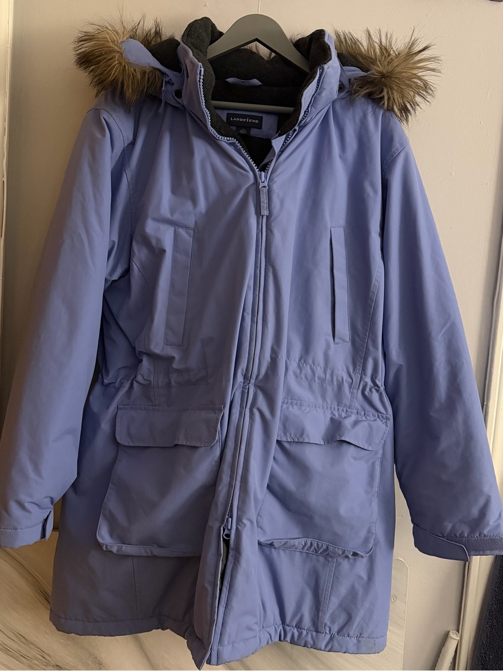 Lands' End Women's Insulated Light Blue Ski Parka with Faux Fur Hood